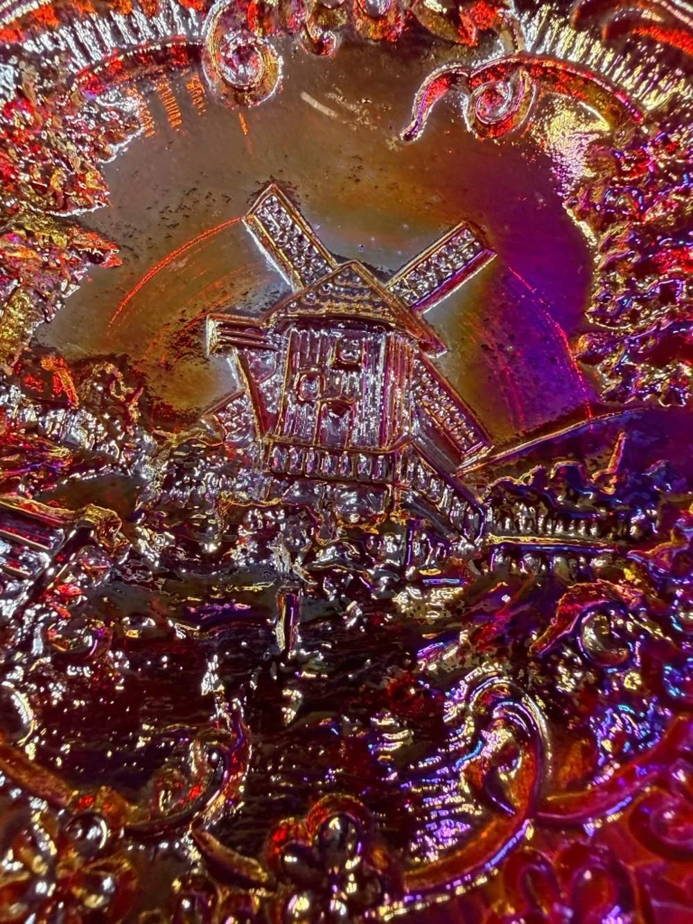 Carnival Glass Bowl with Windmill Decor